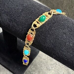 Vintage Czech Gold Bracelet with Glass Colorful Stones